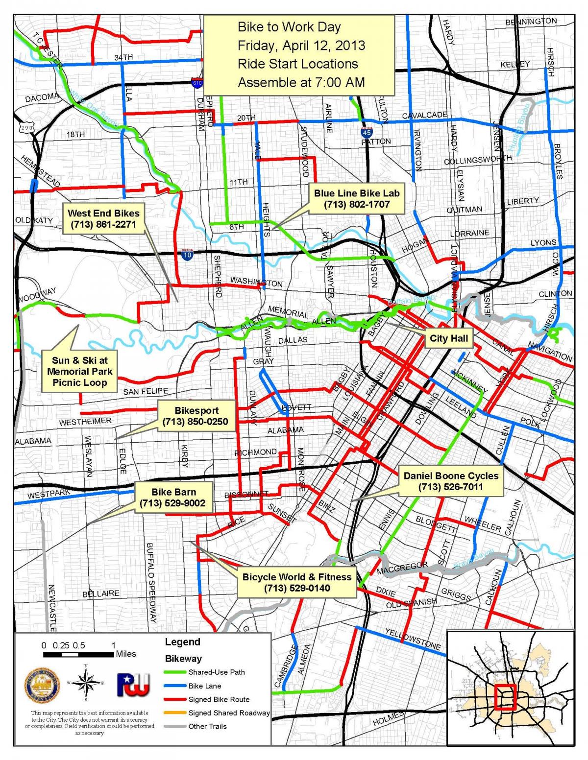 sykkelstier Houston kart