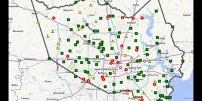 Kart av oversvømte områder i Houston